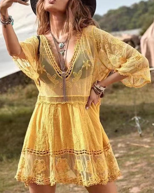 Boho Lace Beach Cover-Up Dress – V-Neck Sheer Swim Cover(Buy 2 Free Shipping)