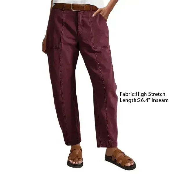 Solid Stitch Detail Mid Waist Baby Barrel Fit Deep Pockets